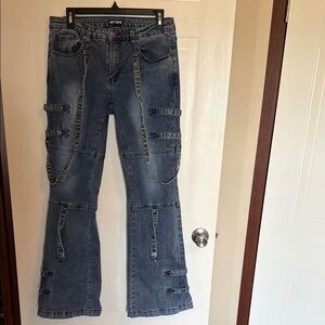 Hot Topic Women's Dark Blue Strap Accent Flared Jeans